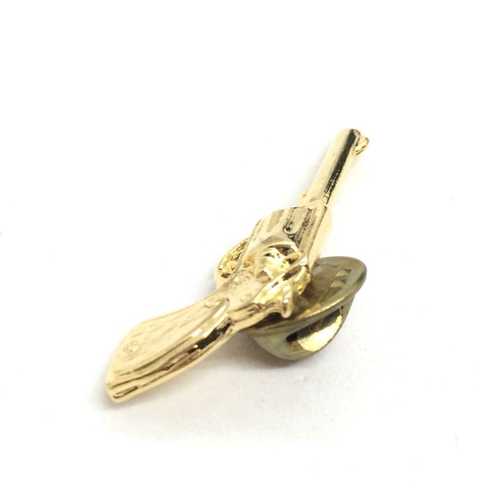 VINTAGE REVOLVER GUN TIE TACK LAPEL PIN GOLD TONE WESTERN COWBOY - Picture 8 of 12